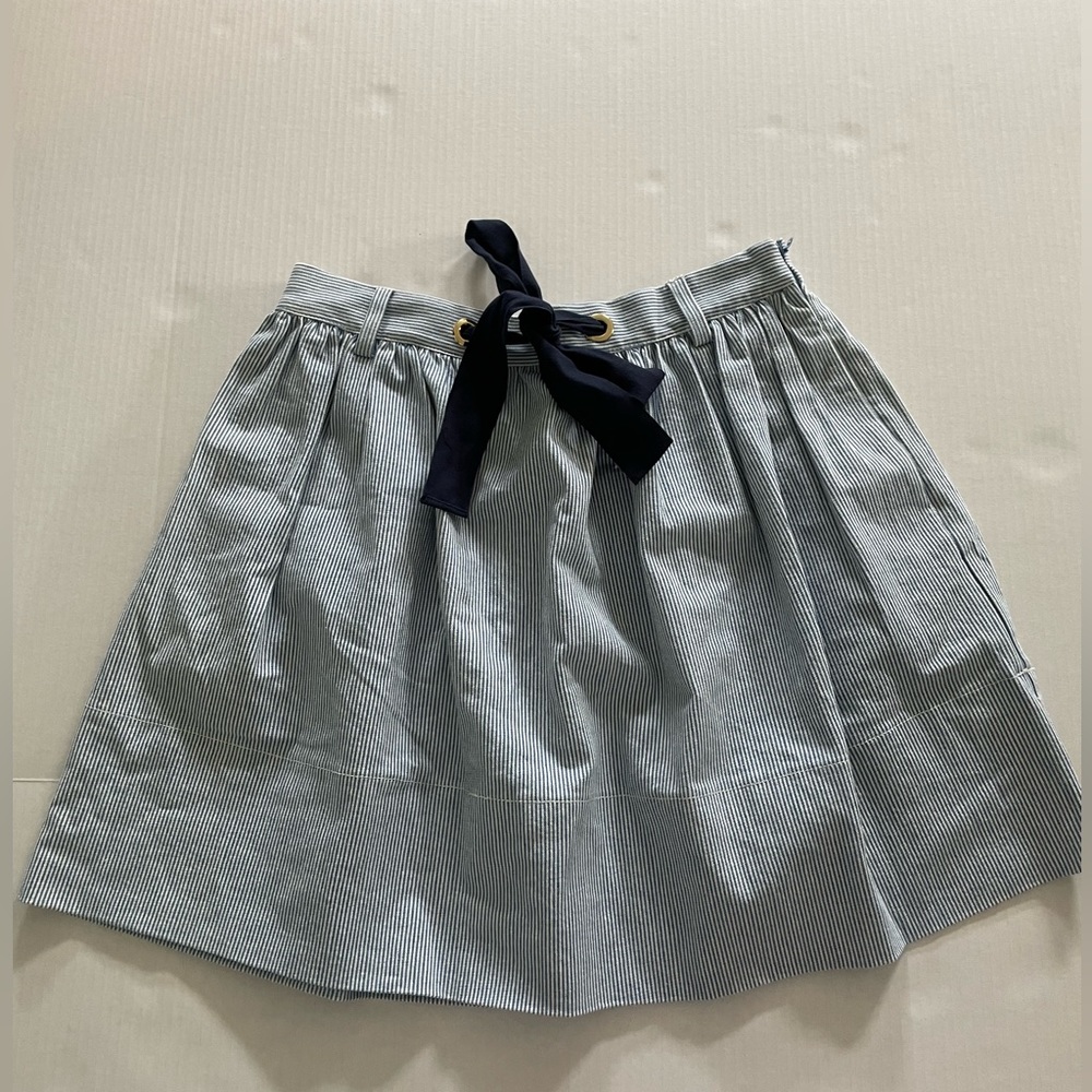 Kate Spade Skirt the Rules Tie Ribbon Seersucker Blue $ White Stripe Skirt Sz 8